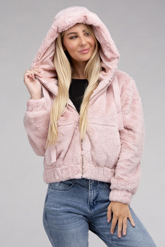 Cropped mauve zip-up fluffy teddy hoodie with a drawstring hood, long sleeves, and front pockets.