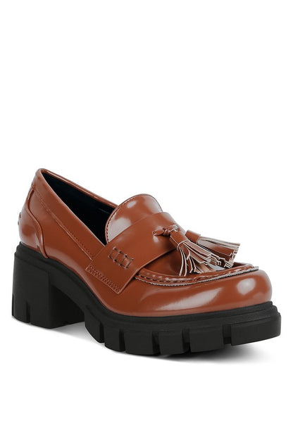 Front angle view of Jonah Platform Loafers in tan with tassel detail