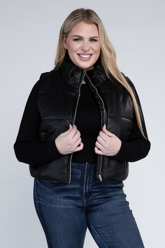 Plus Size Puff Vest in brown, featuring a relaxed fit, zip closure, pockets, and a collar neckline. 