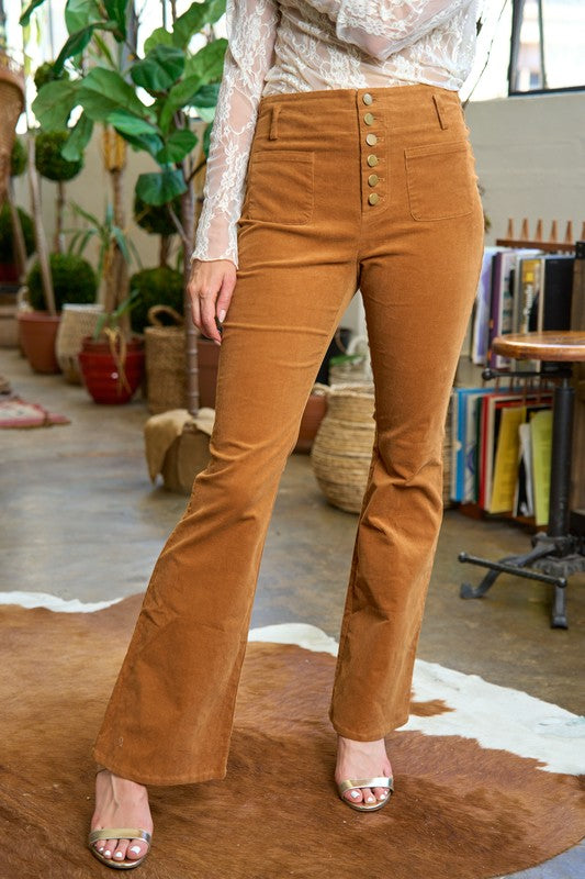 Front view of Taran Corduroy Flare Pants in camel showing six-button closure and flared silhouette