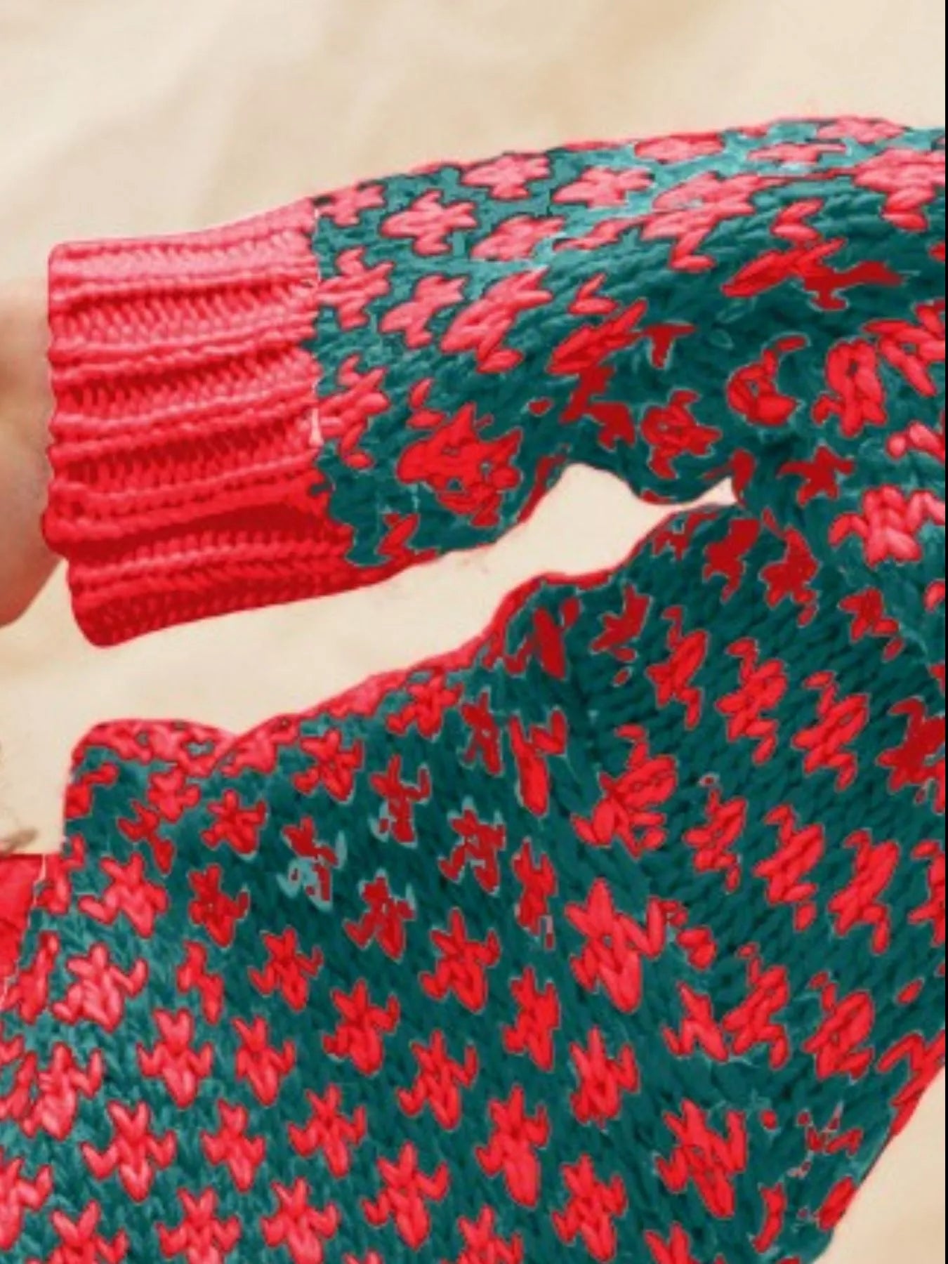 detail shot Chloe Color Block Sweater in hunter green and red highlighting ribbed trim, oversized fit, soft knit design.