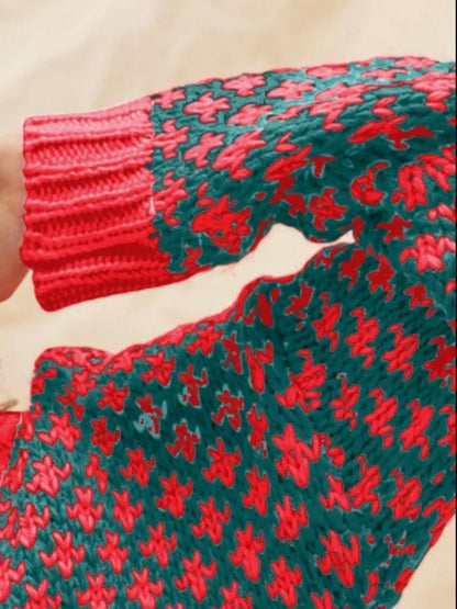 detail shot Chloe Color Block Sweater in hunter green and red highlighting ribbed trim, oversized fit, soft knit design.
