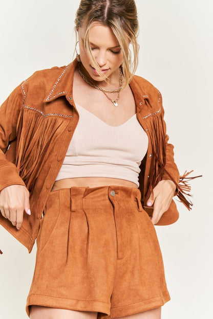 Camel Oakley Suede Fringe Jacket with studded trim and longline fringe sleeves.