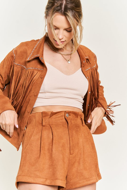 Camel Oakley Suede Fringe Jacket with studded trim and longline fringe sleeves.