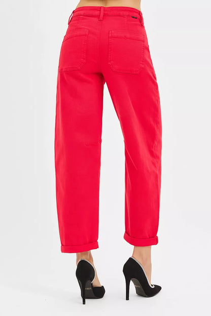 Kimia High Rise Ankle Cuffed Barrel Pants in scarlet with back pocket detail.
