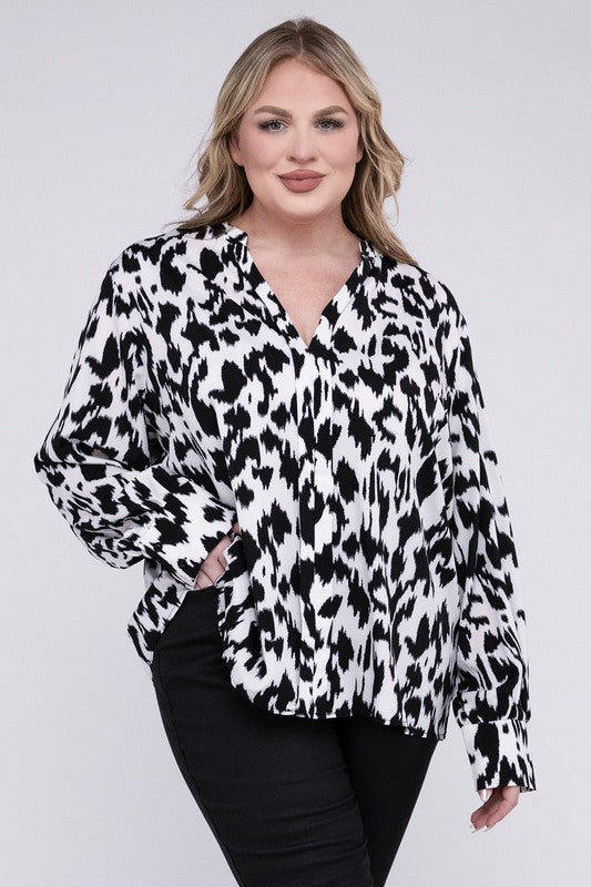 Lyna Curvy Plus Leopard Notched Neckline Blouse