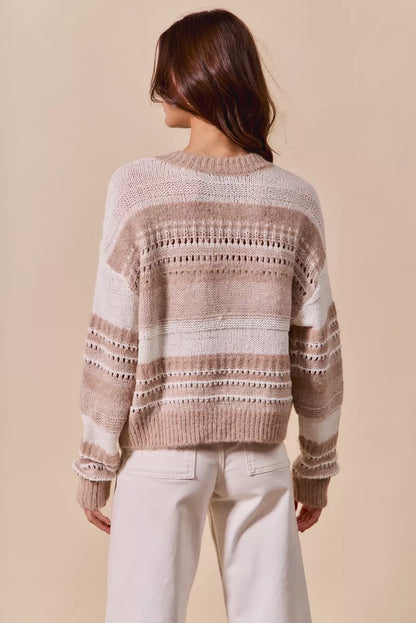 Back view of Bina Variegated Stripe Textured Sweater Top showing soft taupe stripe pattern.