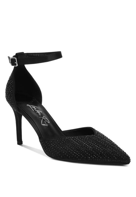 Wanda Sandals black satin stiletto with pearls and sequins front angle
