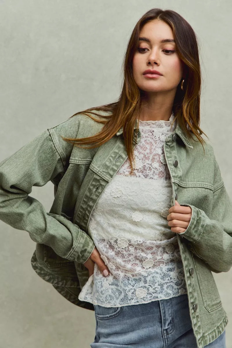 Front view of Soren Vintage Twill Shacket showing button-up closure.