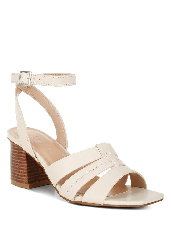 Front angle of beige Signora Ankle Strap Sandals with square open toe.