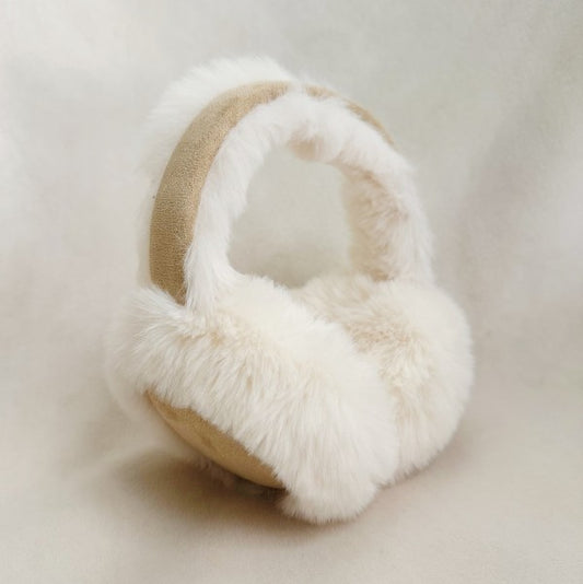 Snow Bunny Foldable Earmuffs in taupe with fluffy faux fur and lightweight winter style