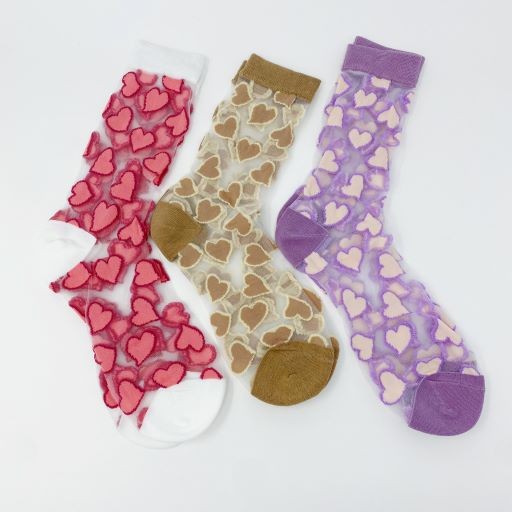 Lyssi Heartful Love Sheer Socks - Heart Print, Taupe, Pink, Lavender, One Size