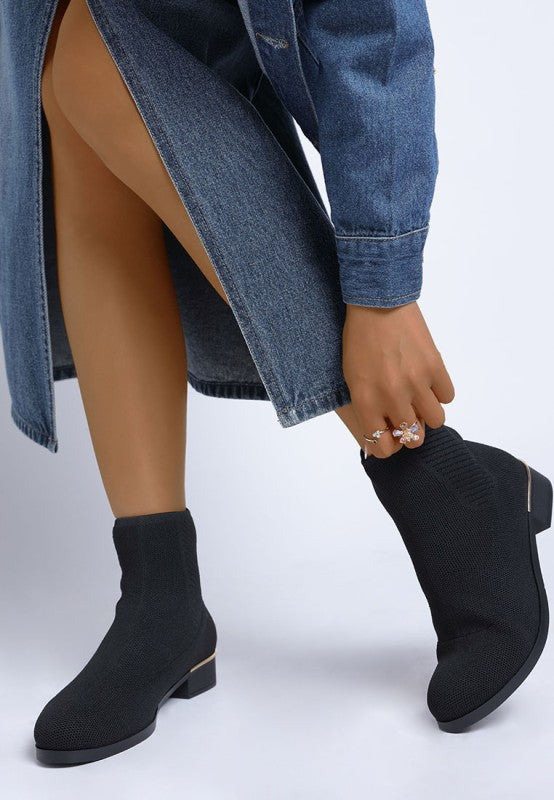 Top angle of black Rosamund Sock Boots with knitted sock fit and cushioned insole.
