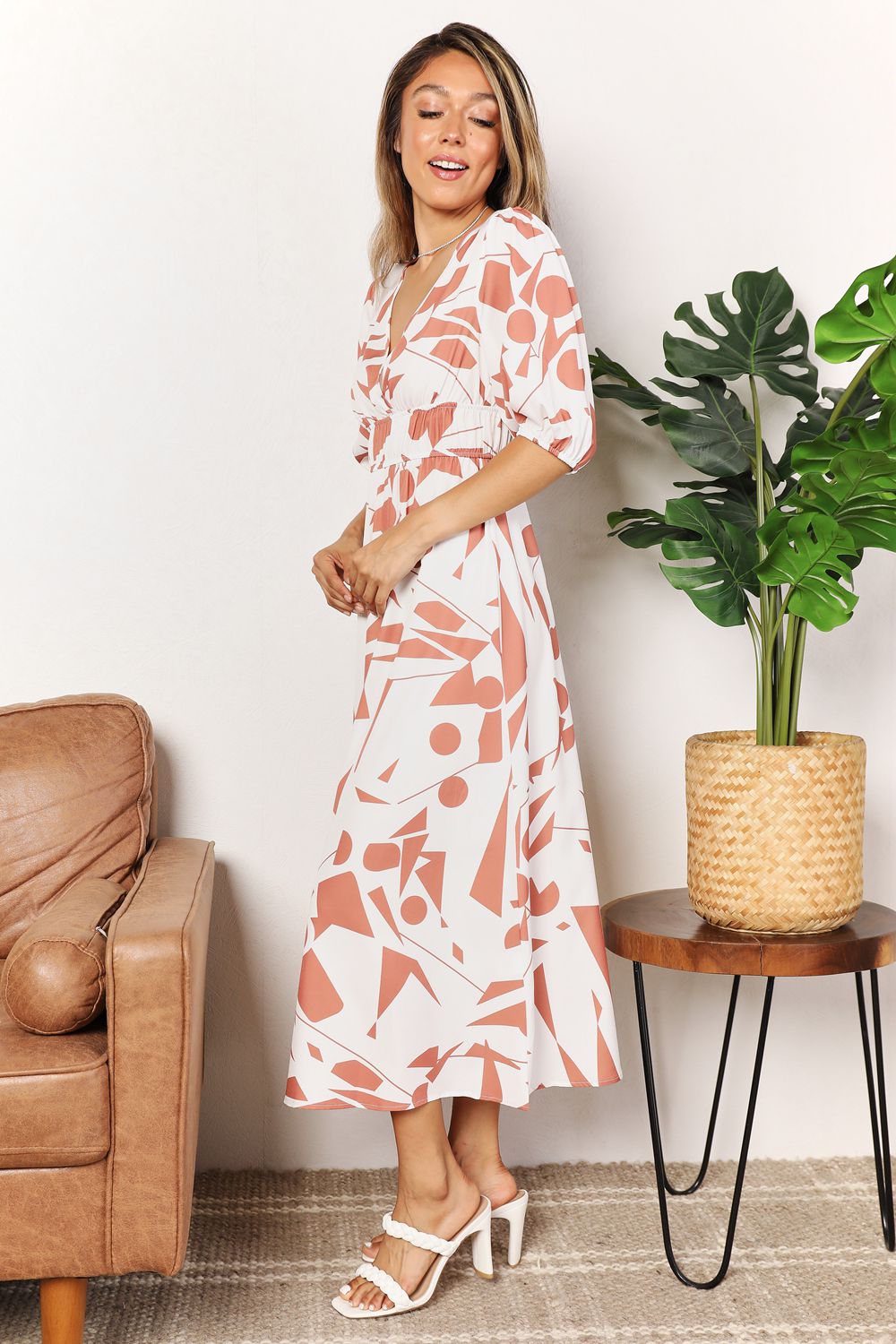 Marika Printed Surplice Balloon Sleeve Dress