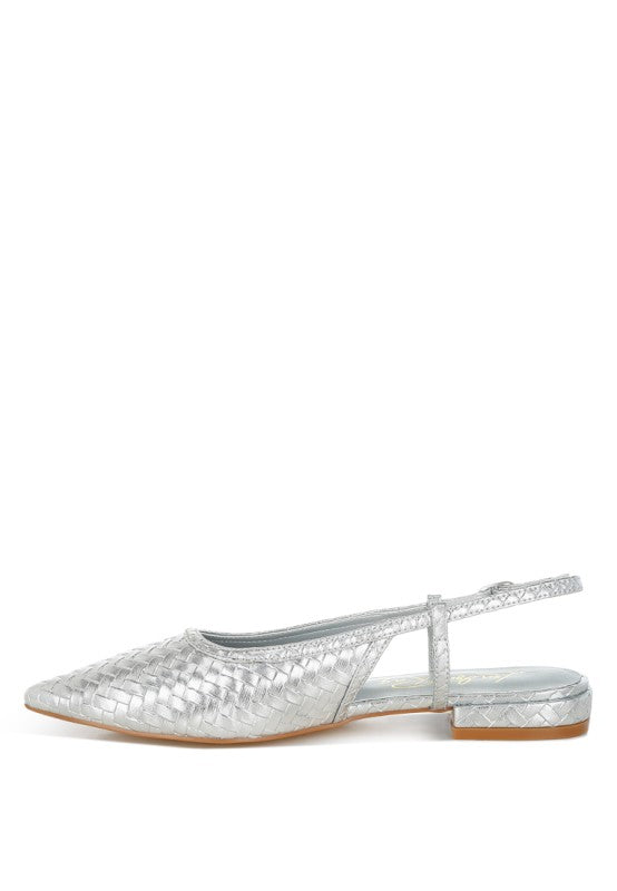 Side angle of silver Kurina Metallic Woven Slingback Sandals with low block heel.