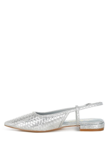 Side angle of silver Kurina Metallic Woven Slingback Sandals with low block heel.