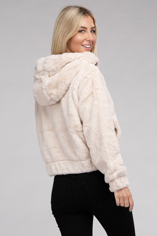 Cropped taupe zip-up fluffy teddy hoodie with a drawstring hood, long sleeves, and front pockets.