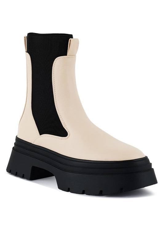 Ronin ecru chunky Chelsea boot with black gusset and thick sole.