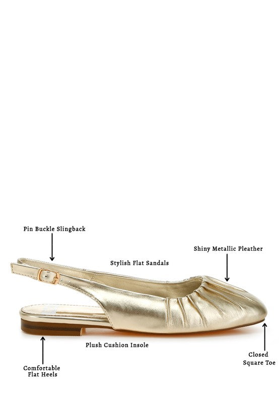 Metallic pleather flat slingbacks with a square closed toe, adjustable pin buckle strap, and cushioned insole, available in gold.