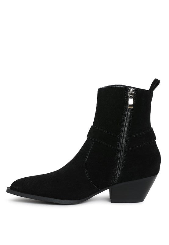 Jockey Harness Ankle Boots black suede side view with zipper closure and low heel