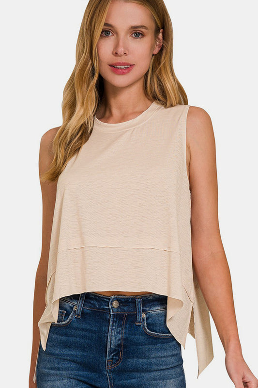 Steph Exposed Seam Slit Round Neck Tank