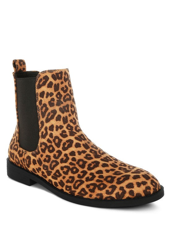 Front angle of Ayasa Low Block Heel Chelsea Boots in Leopard print with round toe