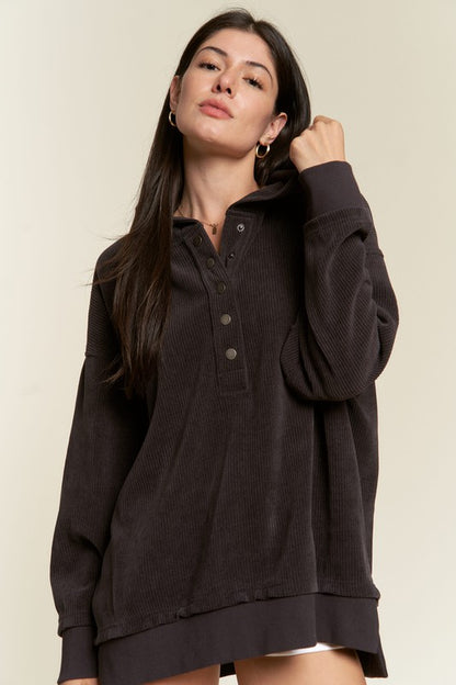 Kenzie Plus Size Hooded Sweatshirt in charcoal with button-down front and ribbed knit texture.