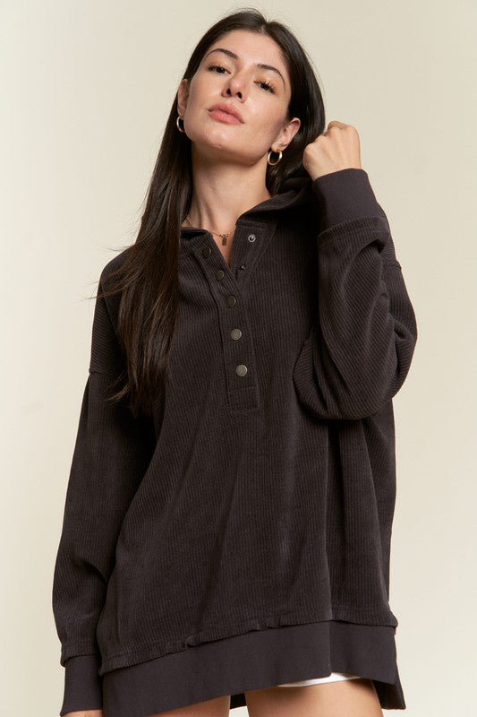 Kenzie Plus Size Hooded Sweatshirt in charcoal with button-down front and ribbed knit texture.