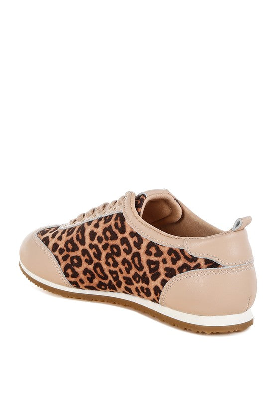 Leopard print and beige genuine leather sneakers inside side view showing studded panels and flatform sole