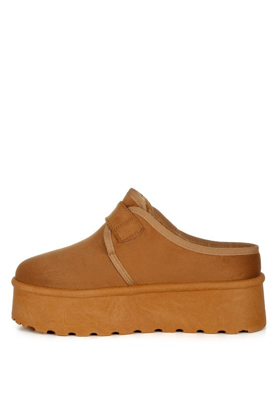 Mayfield Buckle Strap Fur Slip-Ons tan side view showing buckle and fur trim