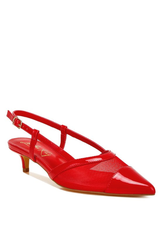 Red Iyla Mesh Slingback Heels front angle view showing faux leather and mesh detail