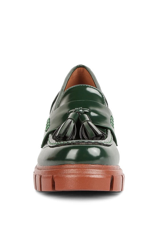 Front view of Jonah Platform Loafers in dark green with rounded toe silhouette