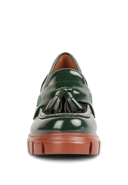 Front view of Jonah Platform Loafers in dark green with rounded toe silhouette