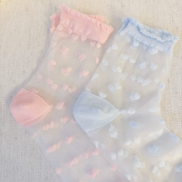 Close-up of pink and blue Sweet Hearts Sheer Socks highlighting sheer detail.