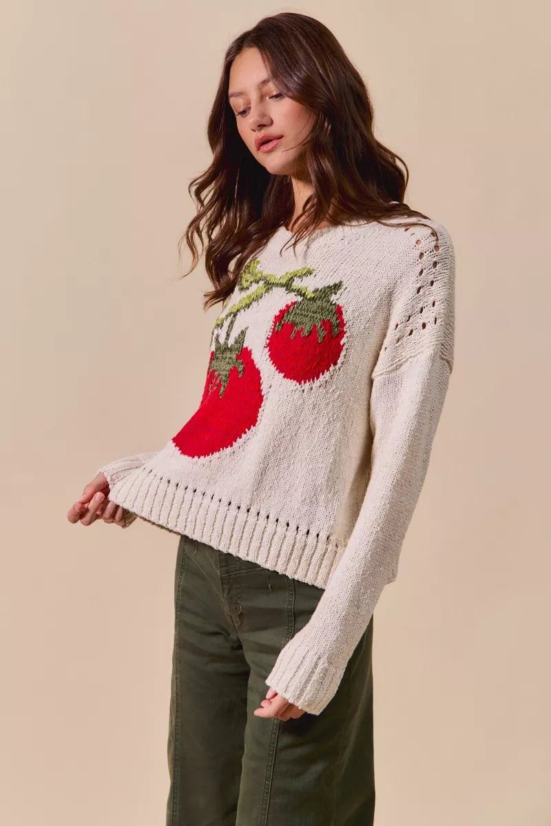 Tara Tomato Sweater showing tomato design and eyelet shoulder details