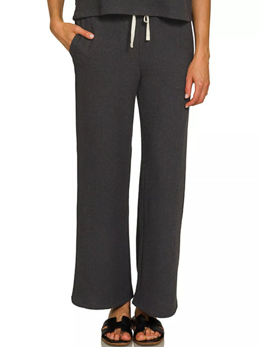 Meg Raised Rib Set Black close up – ribbed fabric texture on drawstring waistband