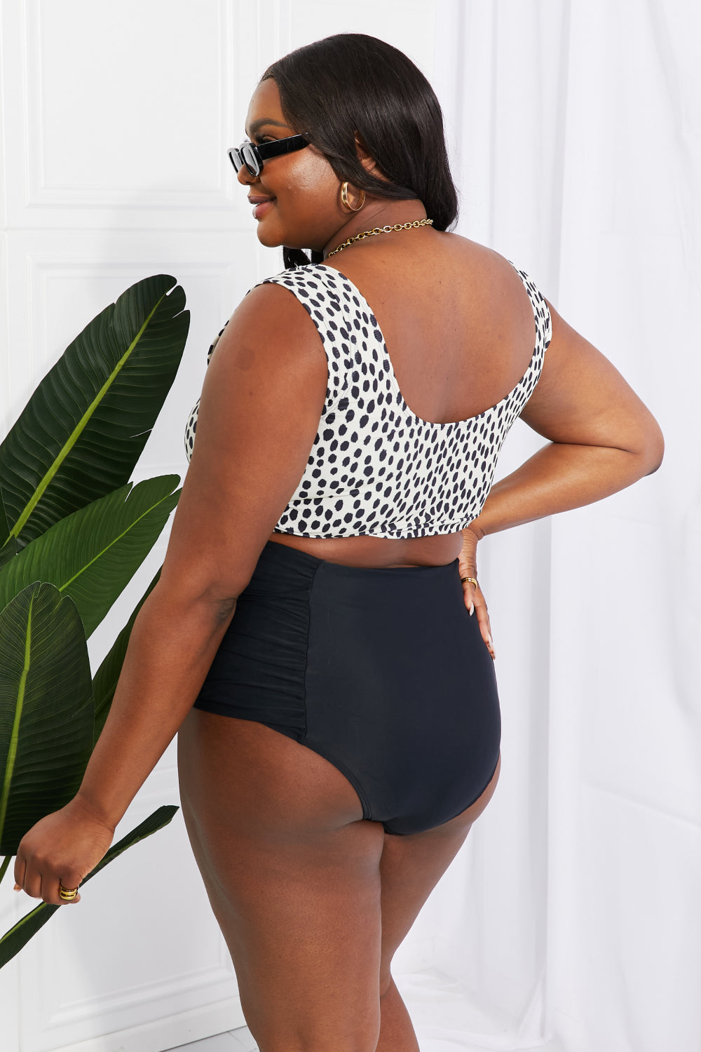 Sanibel Crop Swim Top and Ruched Bottoms Set in Spots/Black By Marina West Swim