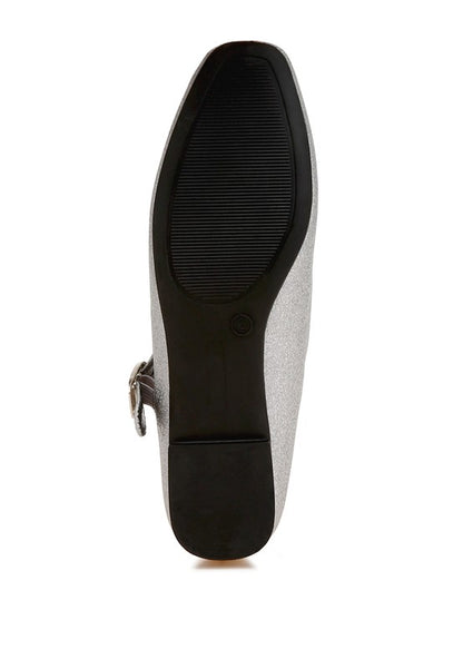 Bottom view of silver ballerinas with flat sole for comfort and easy walking.