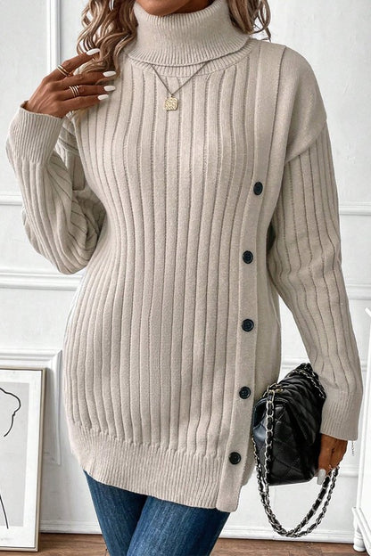 Fable Turtleneck Sweater taupe ribbed pullover with long sleeves and tunic fit.