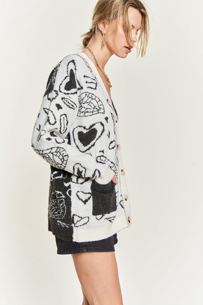 Dafni Heart Paisley Cardigan - Plus SIze, Color Block, Oversized Fit, Drop Shoulder