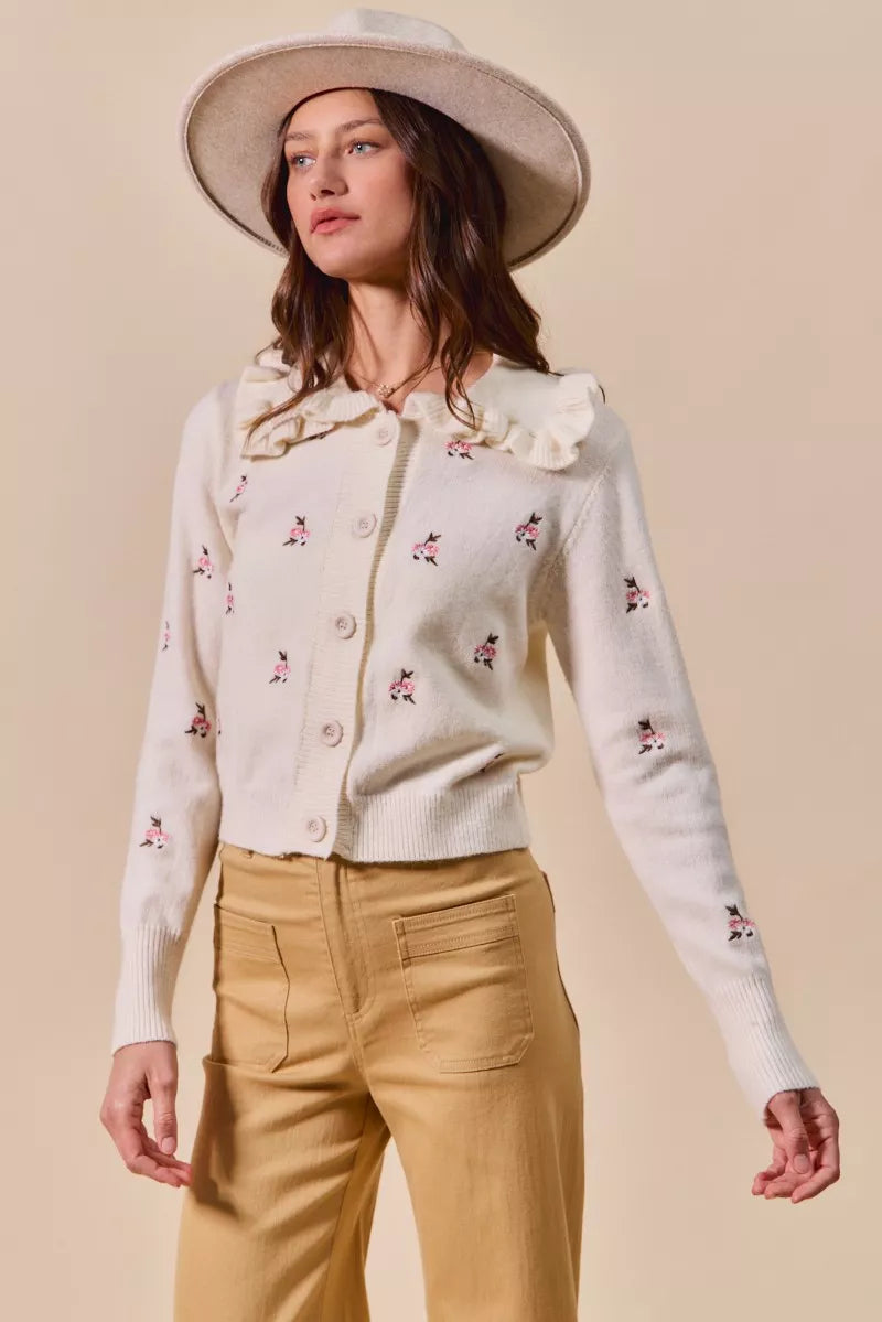 Billie Floral Sweater Cardigan cream front angle view styled with wide brim hat and button down closure