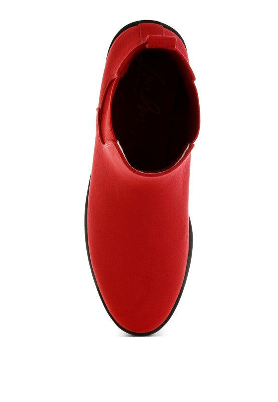 Top view of Ayasa Low Block Heel Chelsea Boots in Red faux suede showing sleek rounded toe and pull tab design