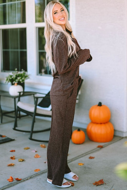 Side profile of Brooke Ribbed Lounge Set in brown, showing ribbed knit texture and relaxed fit with pockets