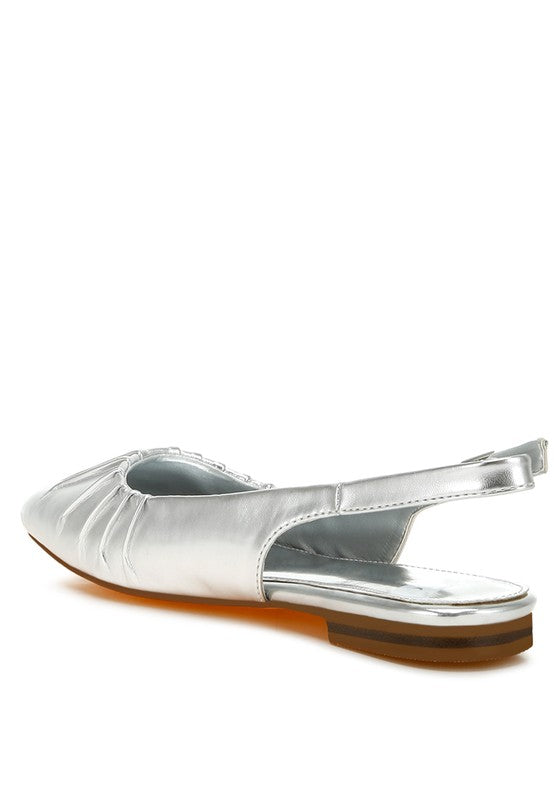 Metallic pleather flat slingbacks with a square closed toe, adjustable pin buckle strap, and cushioned insole, available in silver.