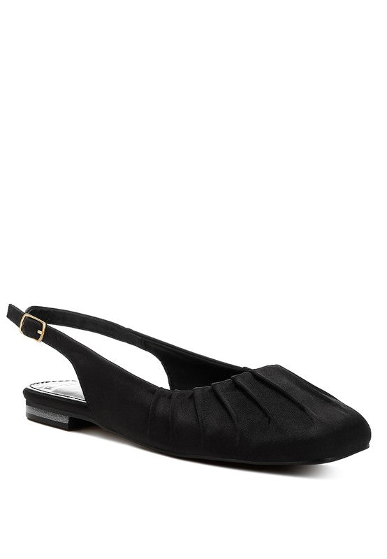 Black satin slingback shoes with square toe, adjustable buckle strap, flat heel, and plush cushion insole.