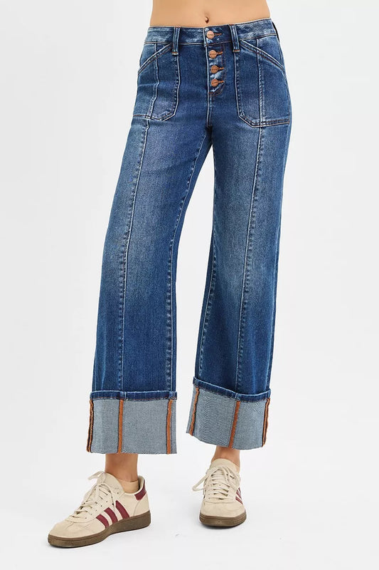 Aubrey High Rise Cuffed Jeans front view with wide leg fit