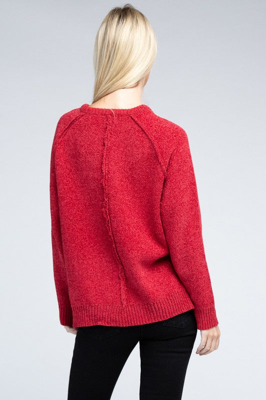 Dark red round neck chenille sweater with long raglan sleeves, relaxed fit, and hip-length cut.