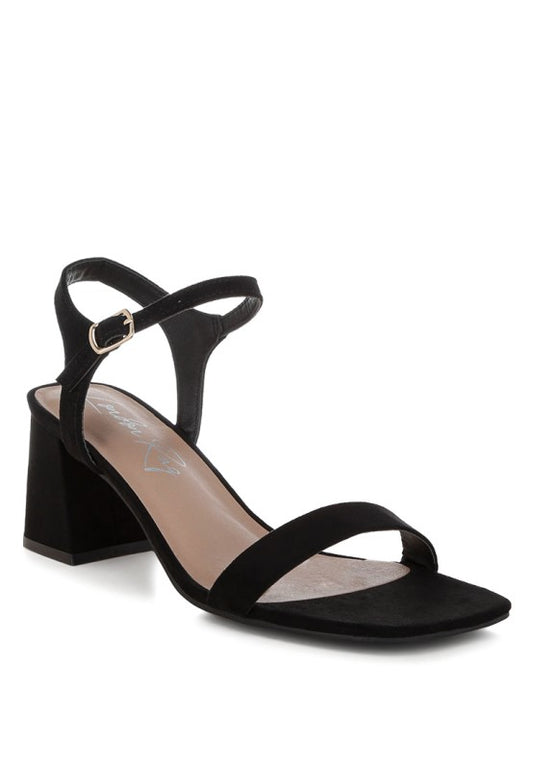 Front angle of black Akiya Square Toe Block Sandals with pin buckle strap