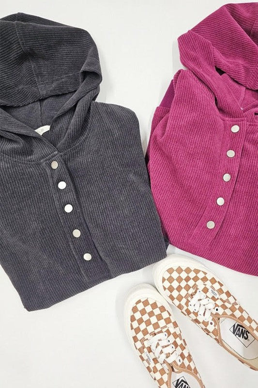 Charcoal and magenta Kenzie Plus Size Hooded Sweatshirts folded side by side with button details.