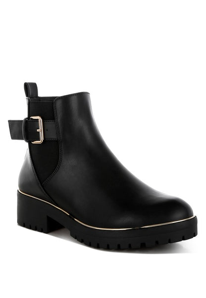 Front angle view of black Antorin chunky buckle ankle boots with round toe and platform sole.
